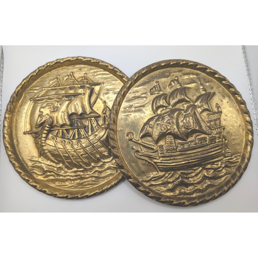 Vintage Peerage England Embossed Metal Wall Hanging Plates Sailing Ships Pair